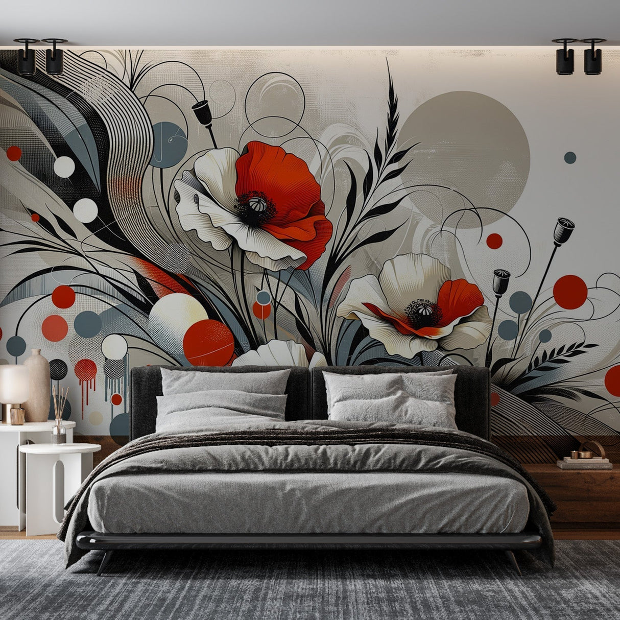 Modern red poppies wallpaper creating a bold statement wall in a minimalist living room