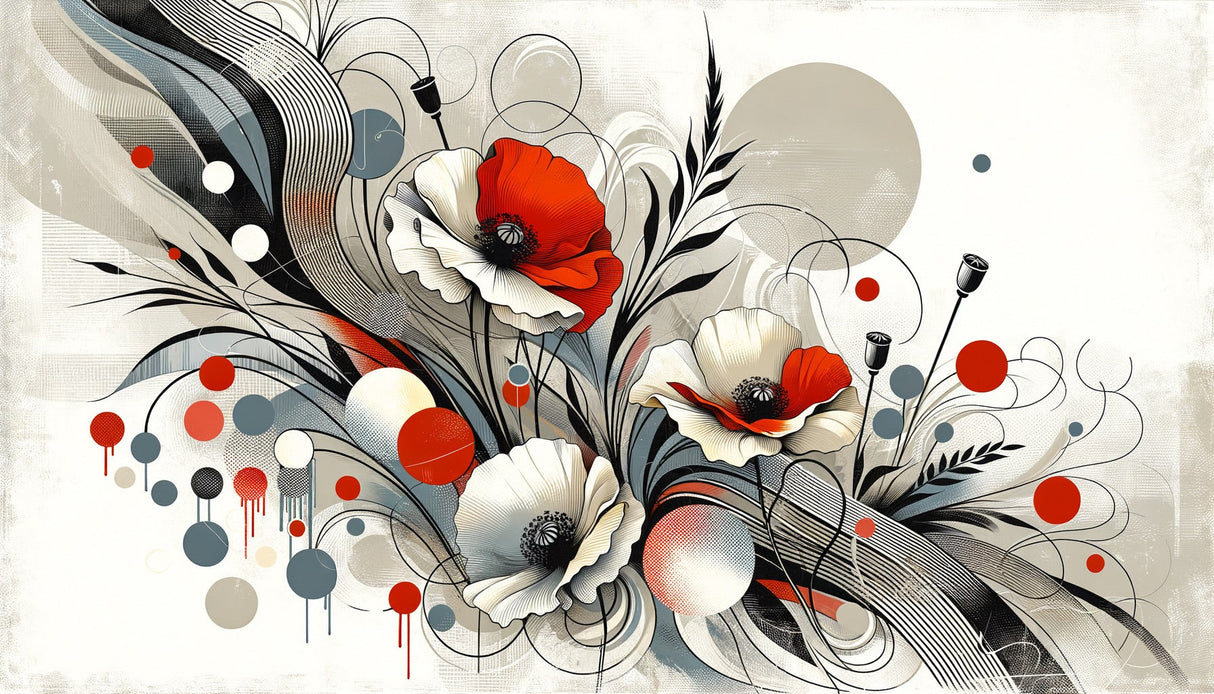 Red poppy wall mural bringing warmth to a contemporary dining space