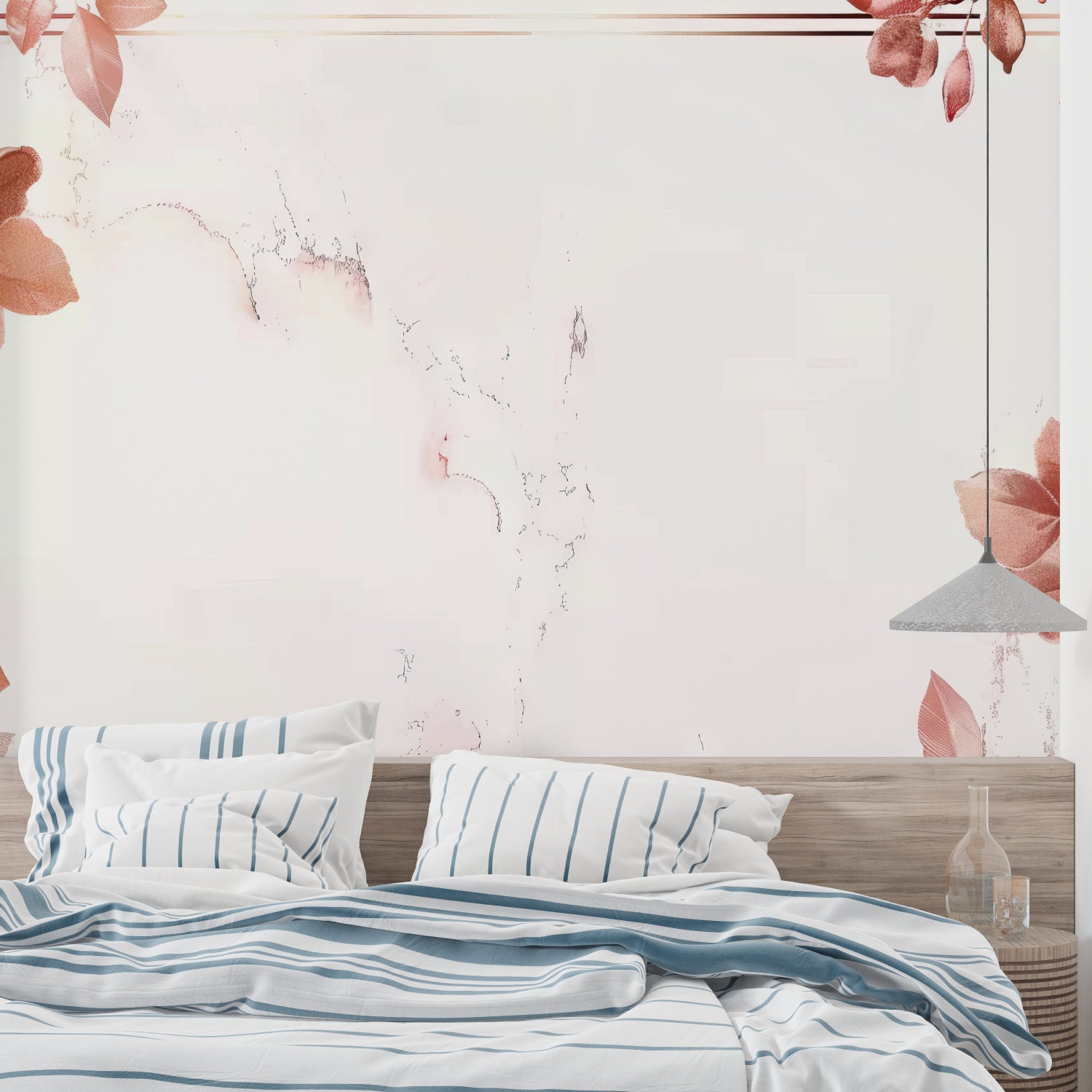 Modern terracotta floral wallpaper in bright living room with minimal furniture