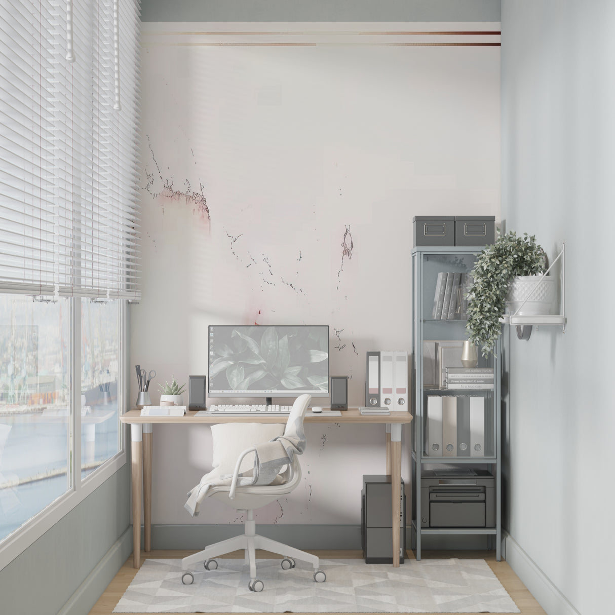 Terracotta botanical wallpaper creating calm home office atmosphere