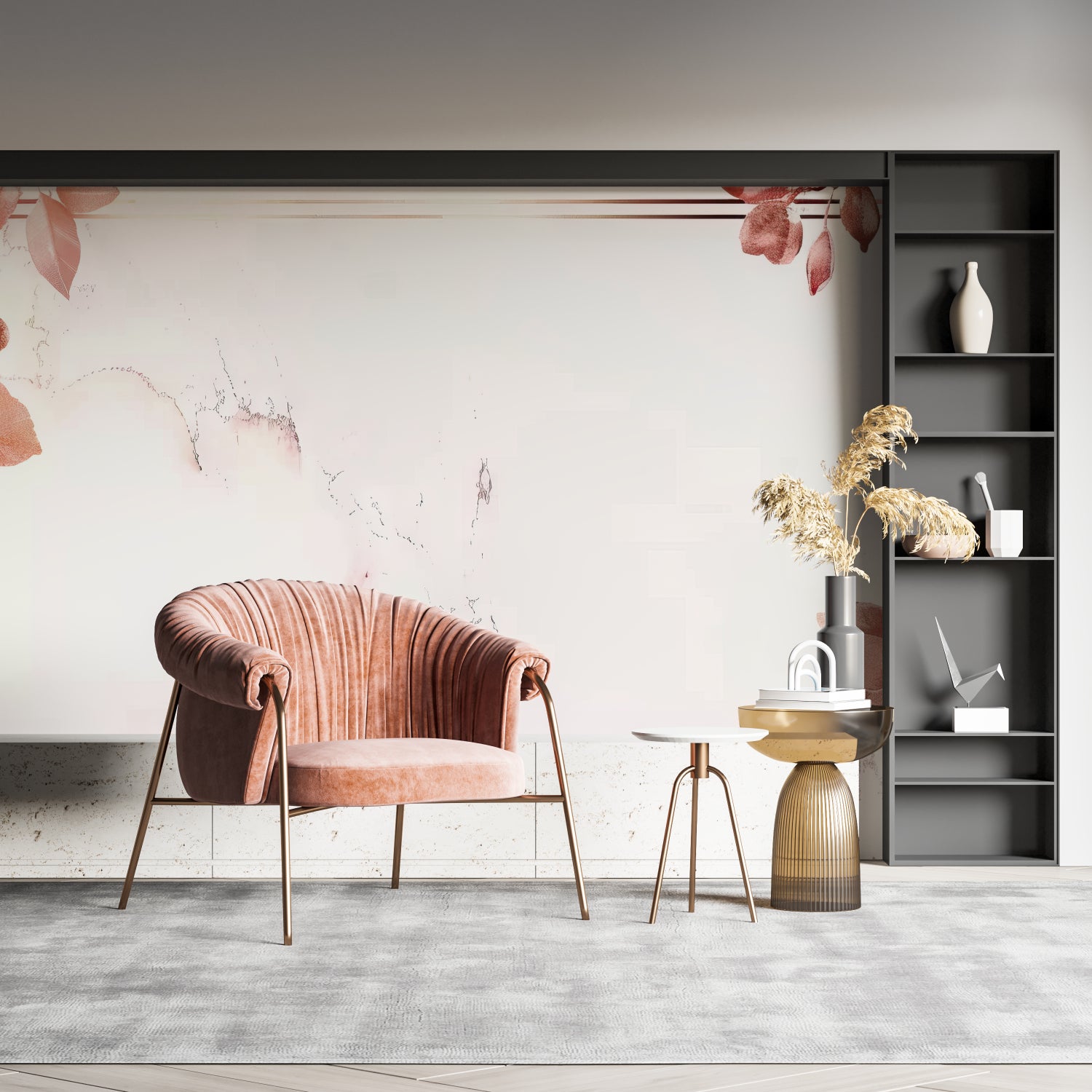 Floral wall mural adding soft movement to modern bedroom