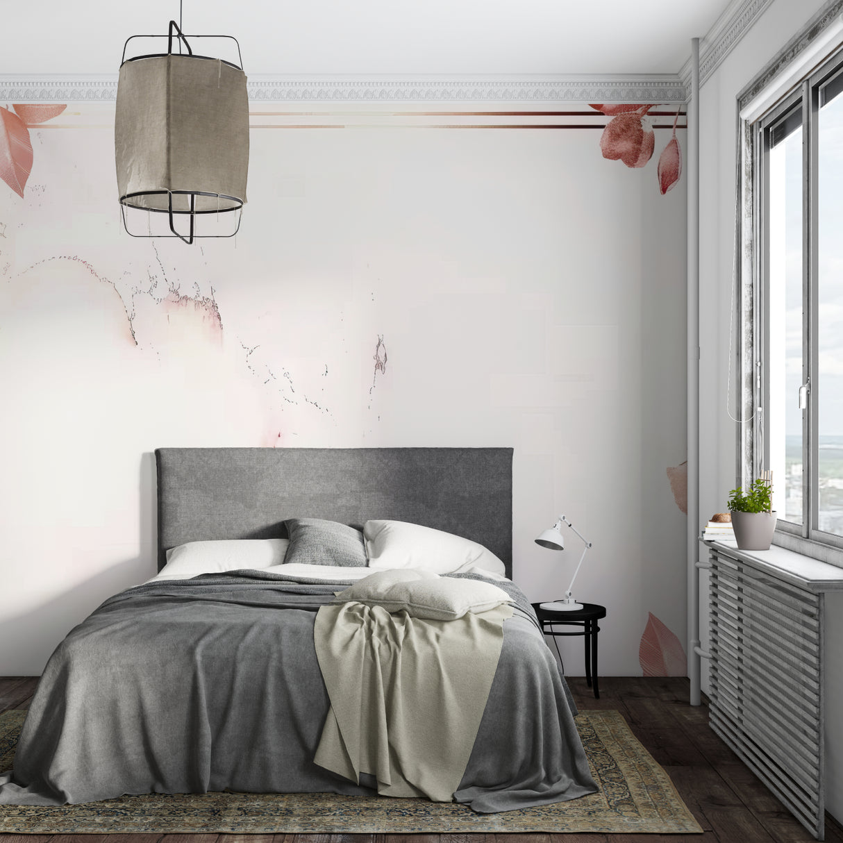 Contemporary floral wallpaper in dining room with natural light