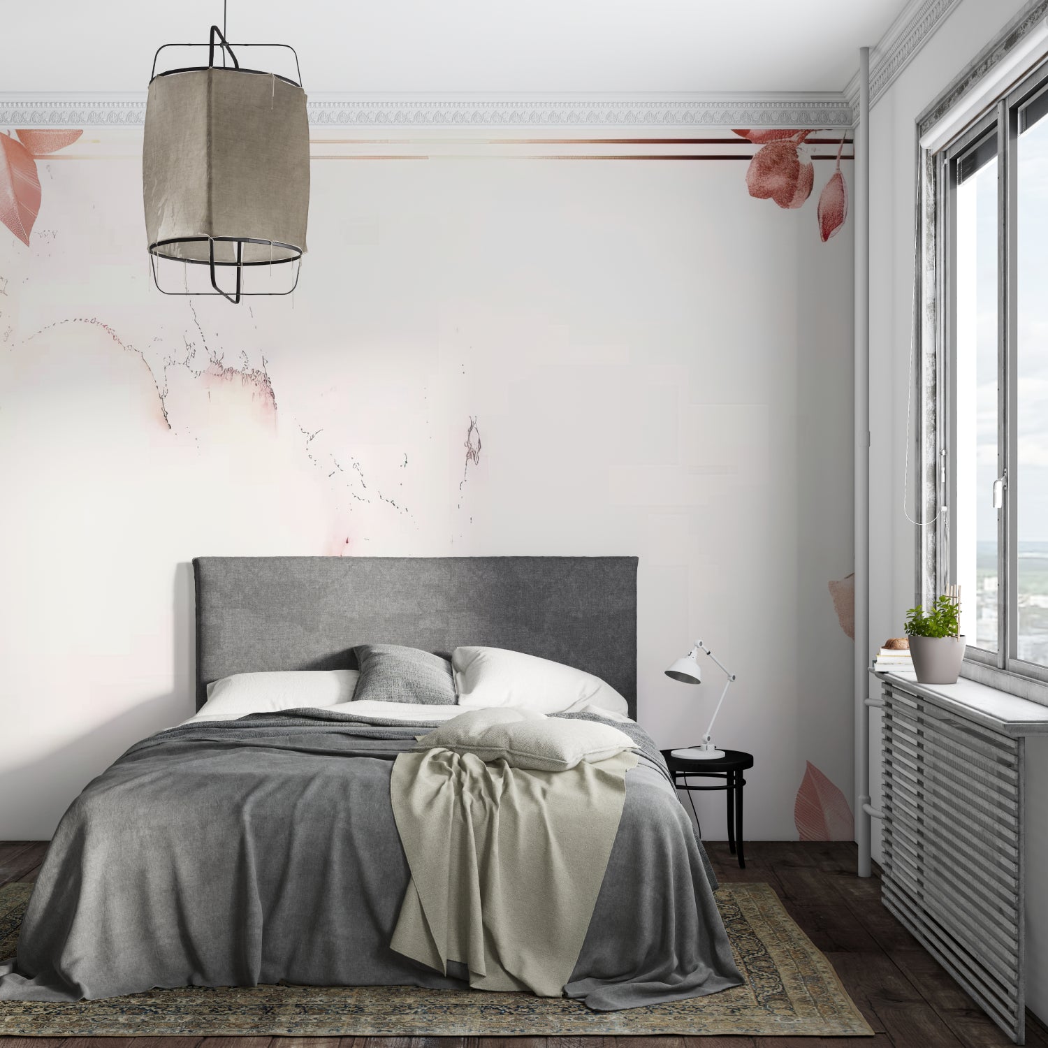 Contemporary floral wallpaper in dining room with natural light