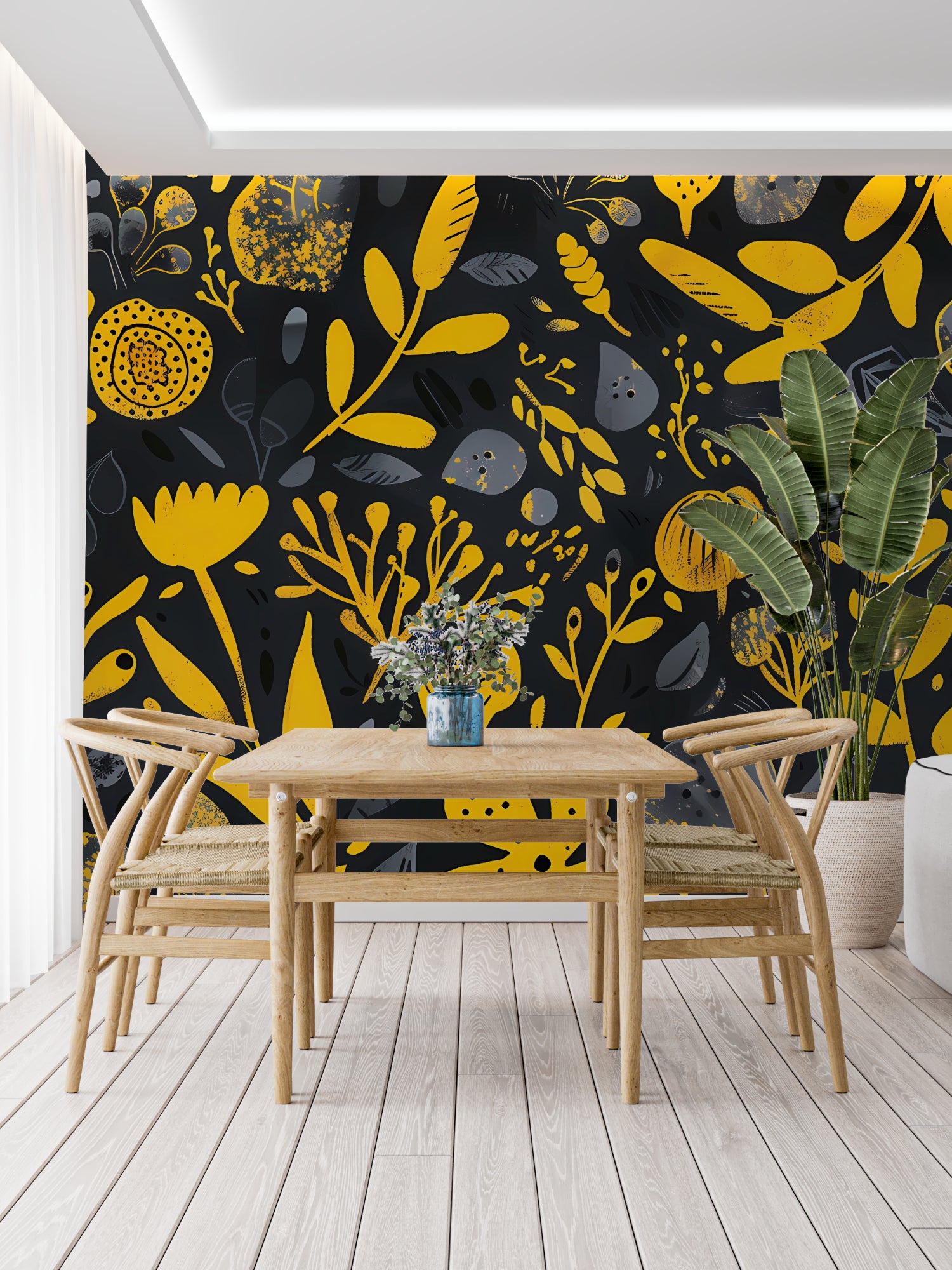 Modern yellow and black floral wallpaper in a bright dining room setting