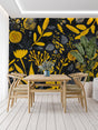 Modern yellow and black floral wallpaper in a bright dining room setting