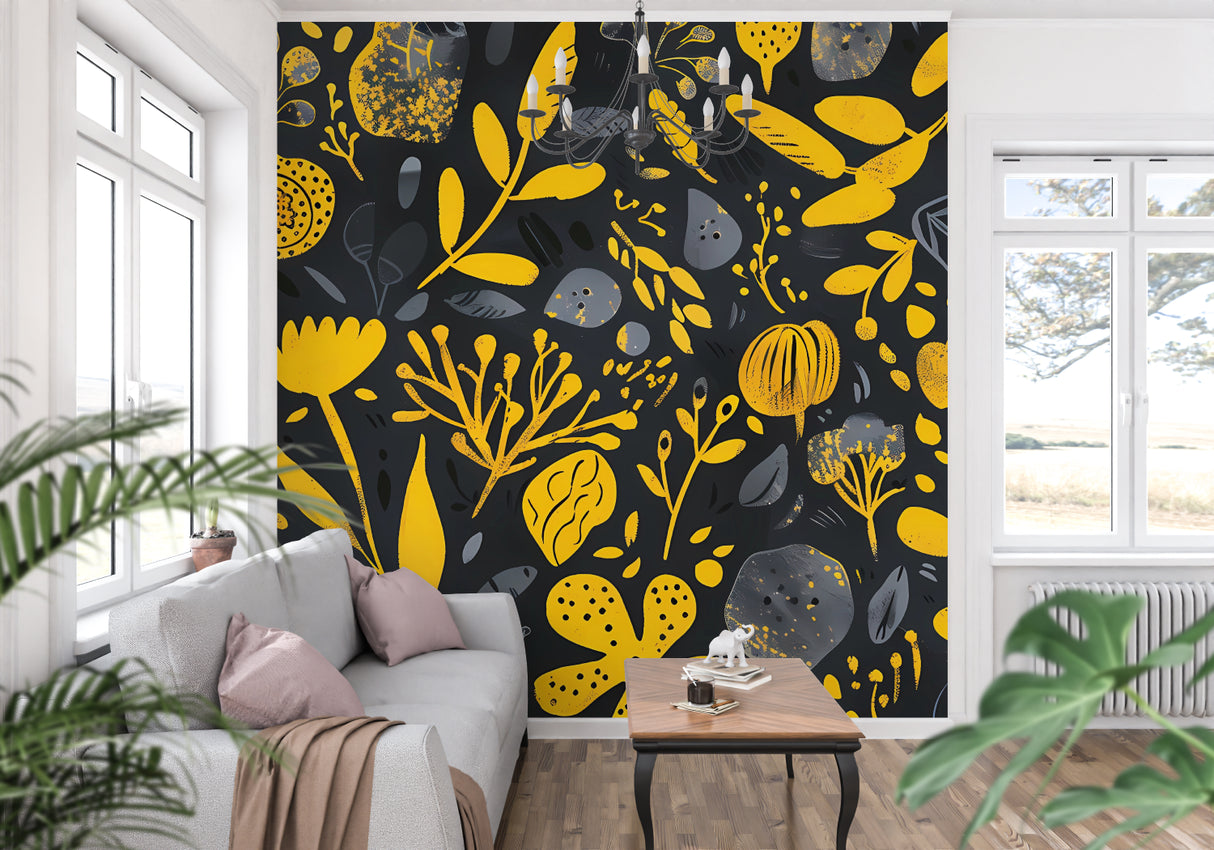 Botanical wall mural featuring yellow flowers in a contemporary home office