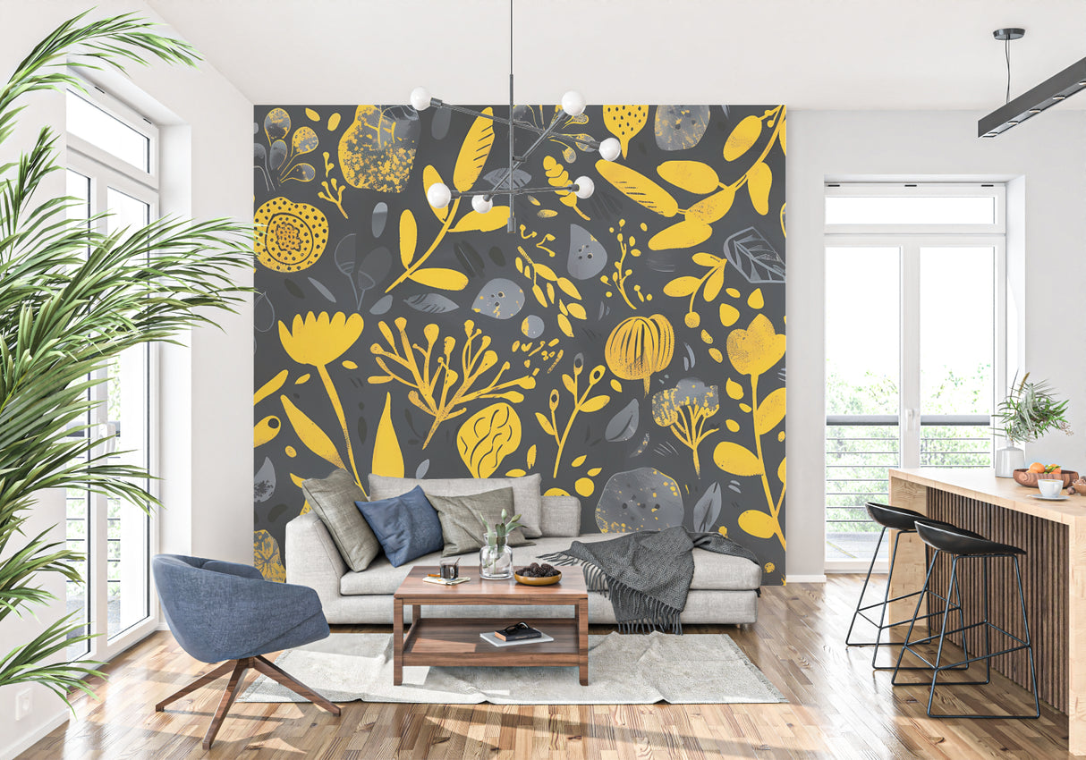 Modern floral wallpaper bringing life to a minimalist living room