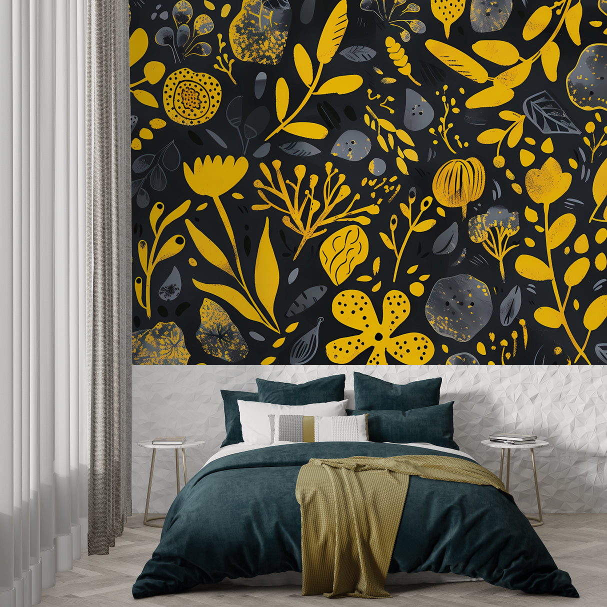 Black and yellow botanical pattern making a statement in an entrance hall