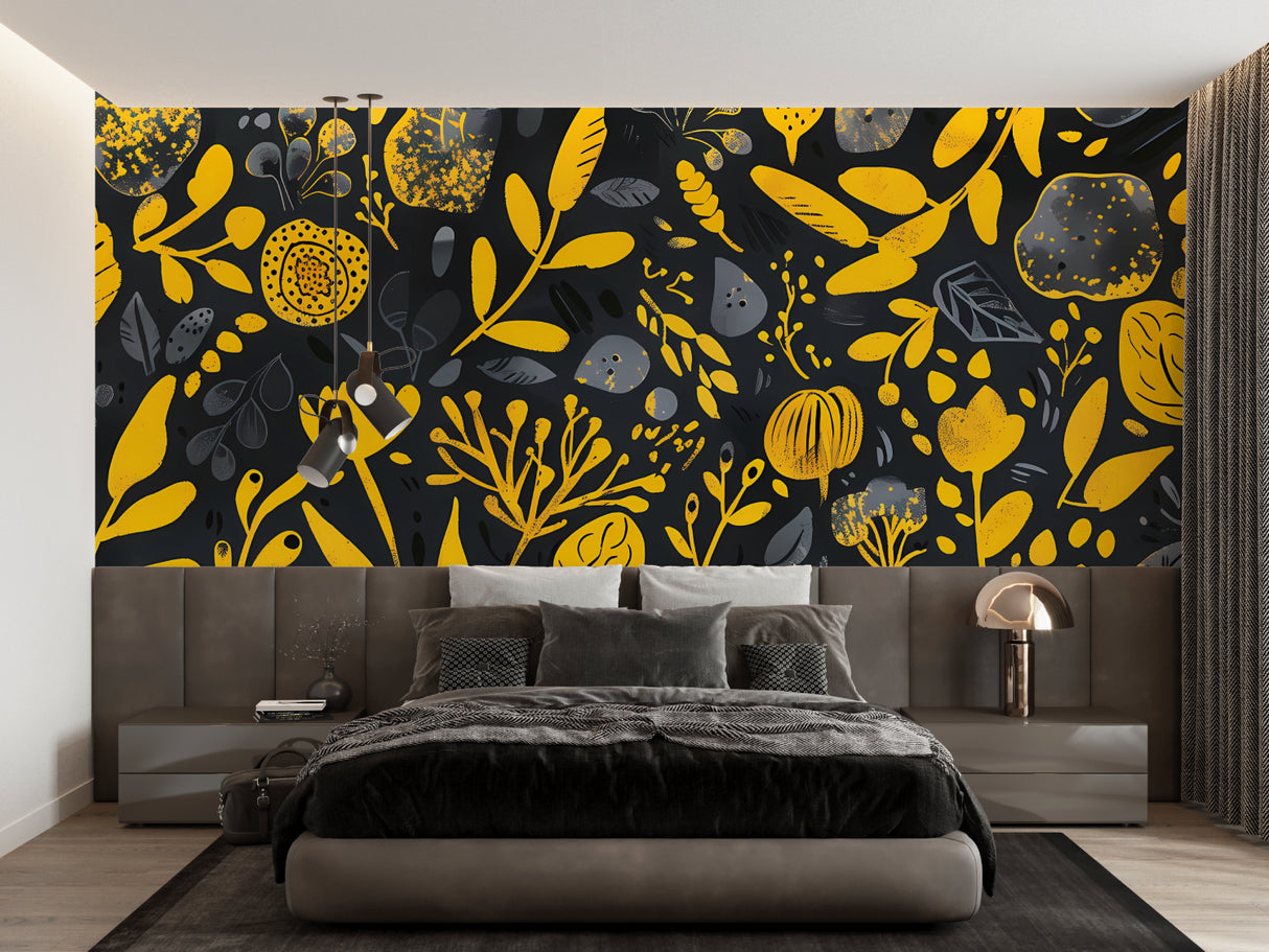 Yellow floral wall mural creating drama in a modern bedroom space