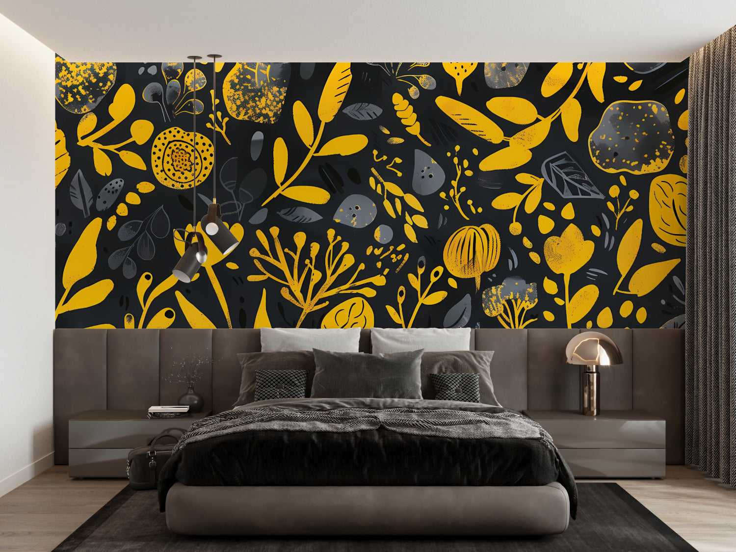 Yellow floral wall mural creating drama in a modern bedroom space