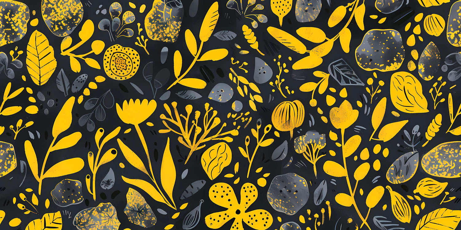 Design file showing yellow botanical pattern on black background