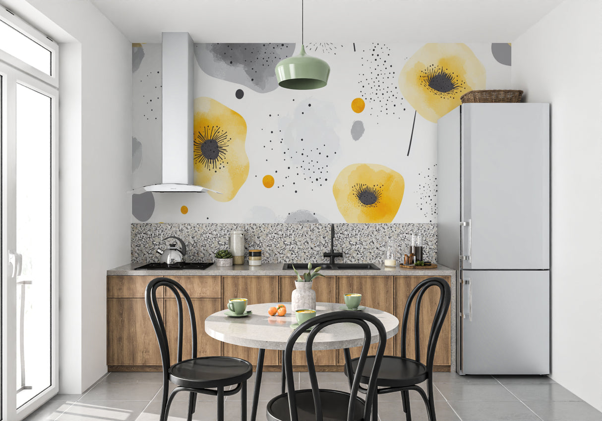 Modern yellow floral wallpaper in bright living room setting, showing watercolor blooms against white walls