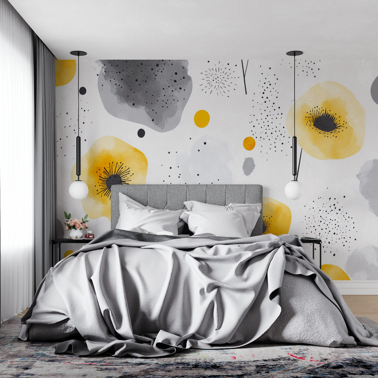 Yellow and grey floral mural creating focal point in modern dining room