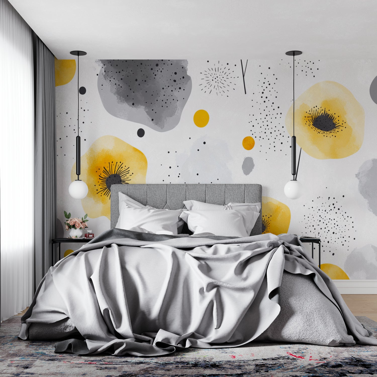 Yellow and grey floral mural creating focal point in modern dining room