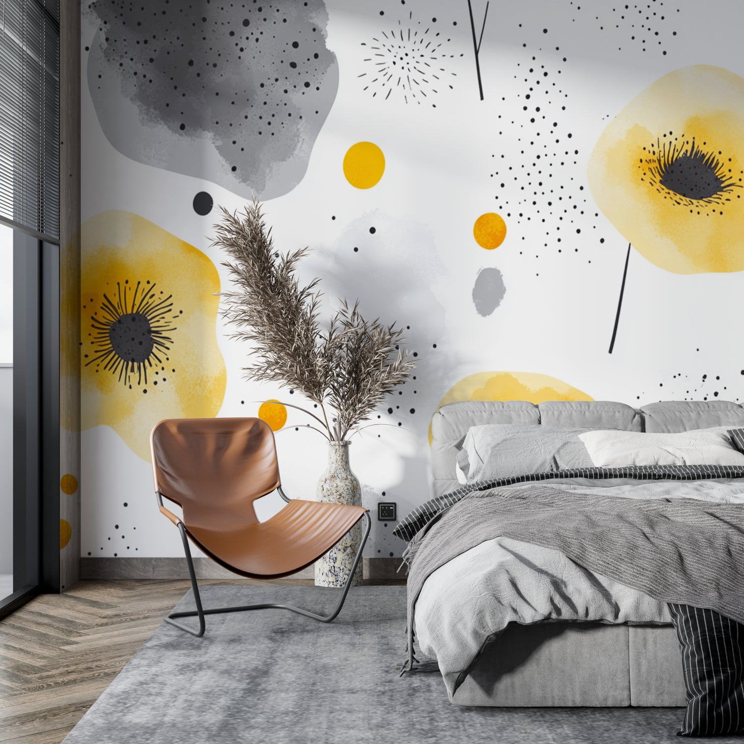 Yellow floral wall mural adding warmth to contemporary bedroom setting