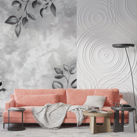 Grey leaf wallpaper mural in contemporary living room showing soft natural light interaction