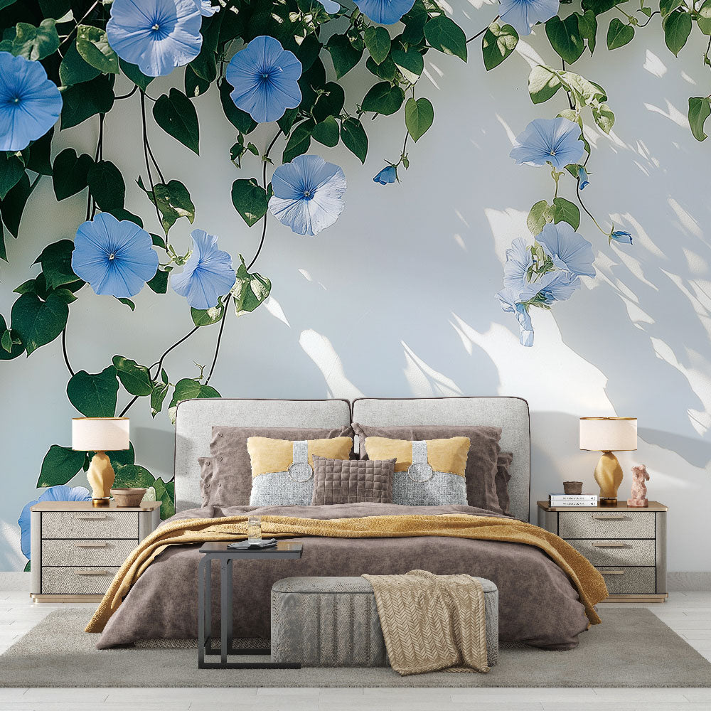 Morning Glory Blue Floral Wallpaper creating a fresh garden feel in a bright living room with white furniture