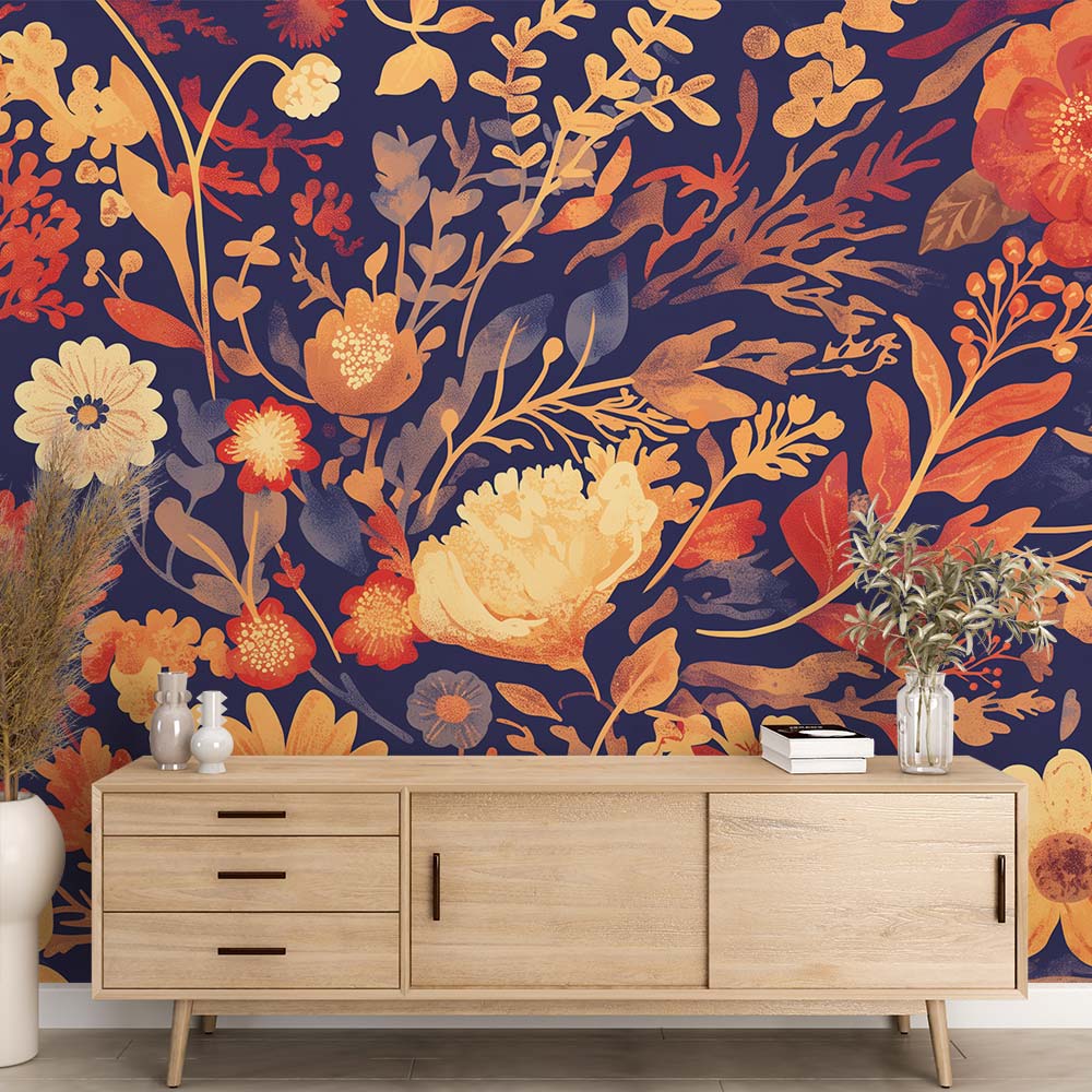 Navy and gold floral wallpaper in a bright living room, showing botanical pattern with golden blooms against deep blue background