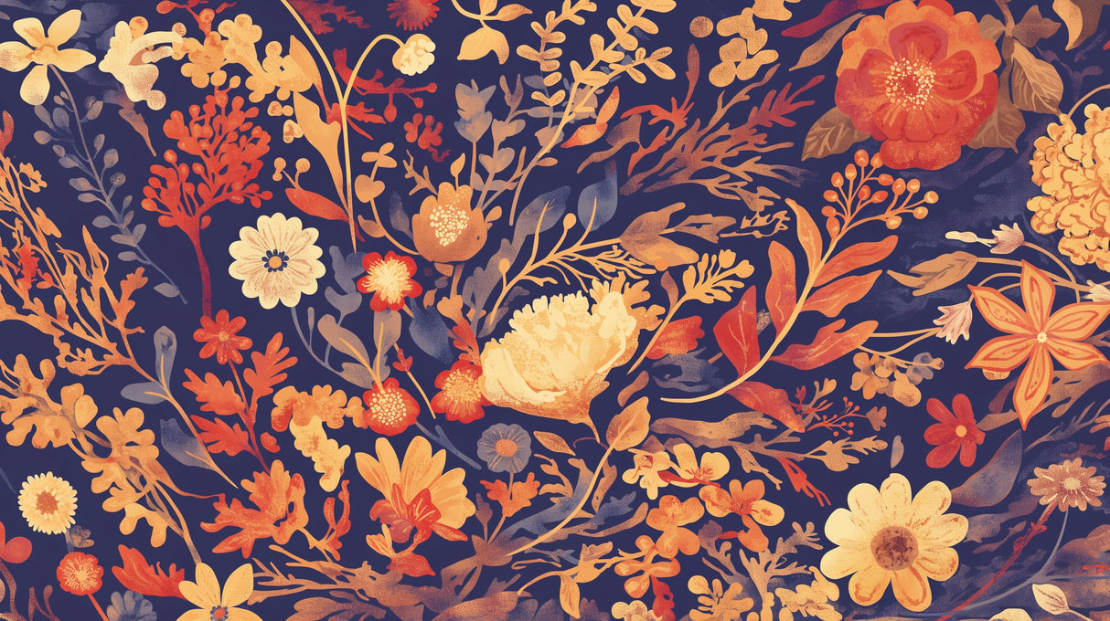 Navy and gold botanical wallpaper design file showing detailed floral pattern with rich colors and flowing composition