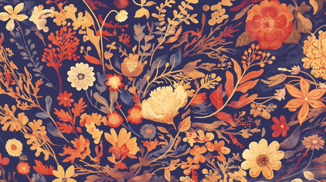 Navy and gold botanical wallpaper design file showing detailed floral pattern with rich colors and flowing composition