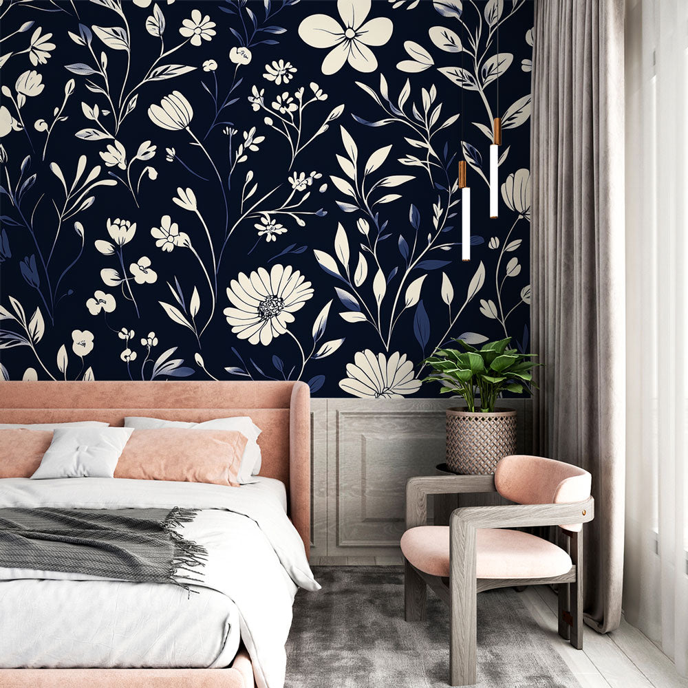Navy and white floral wallpaper mural creating a stunning focal point in a modern living room with natural light