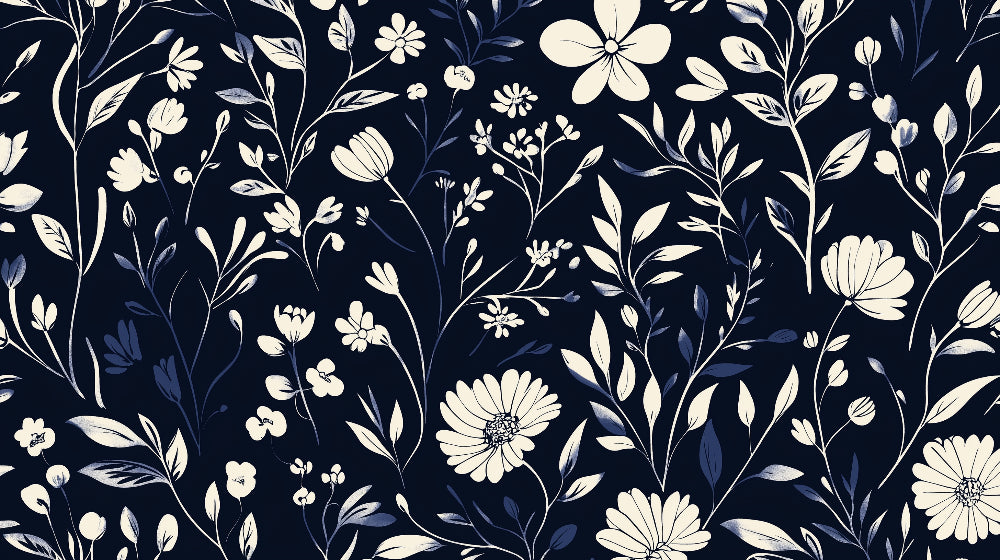 Navy and white botanical pattern design file showing detailed flower illustrations and precise pattern repeat