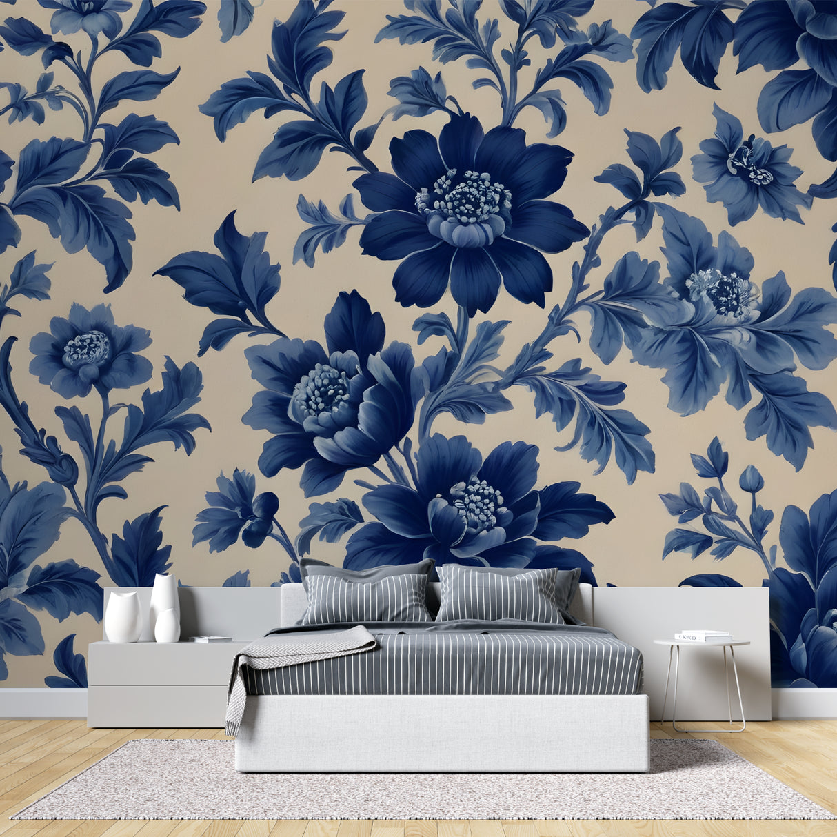 Navy blue floral wallpaper in bright modern living room with grey sofa and natural light