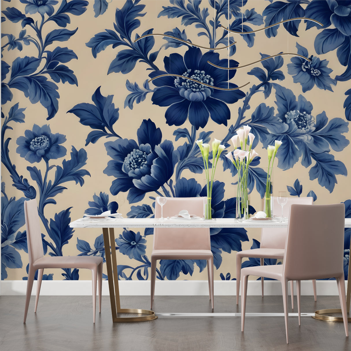 Navy and beige floral pattern adorning dining room wall with wooden table setting