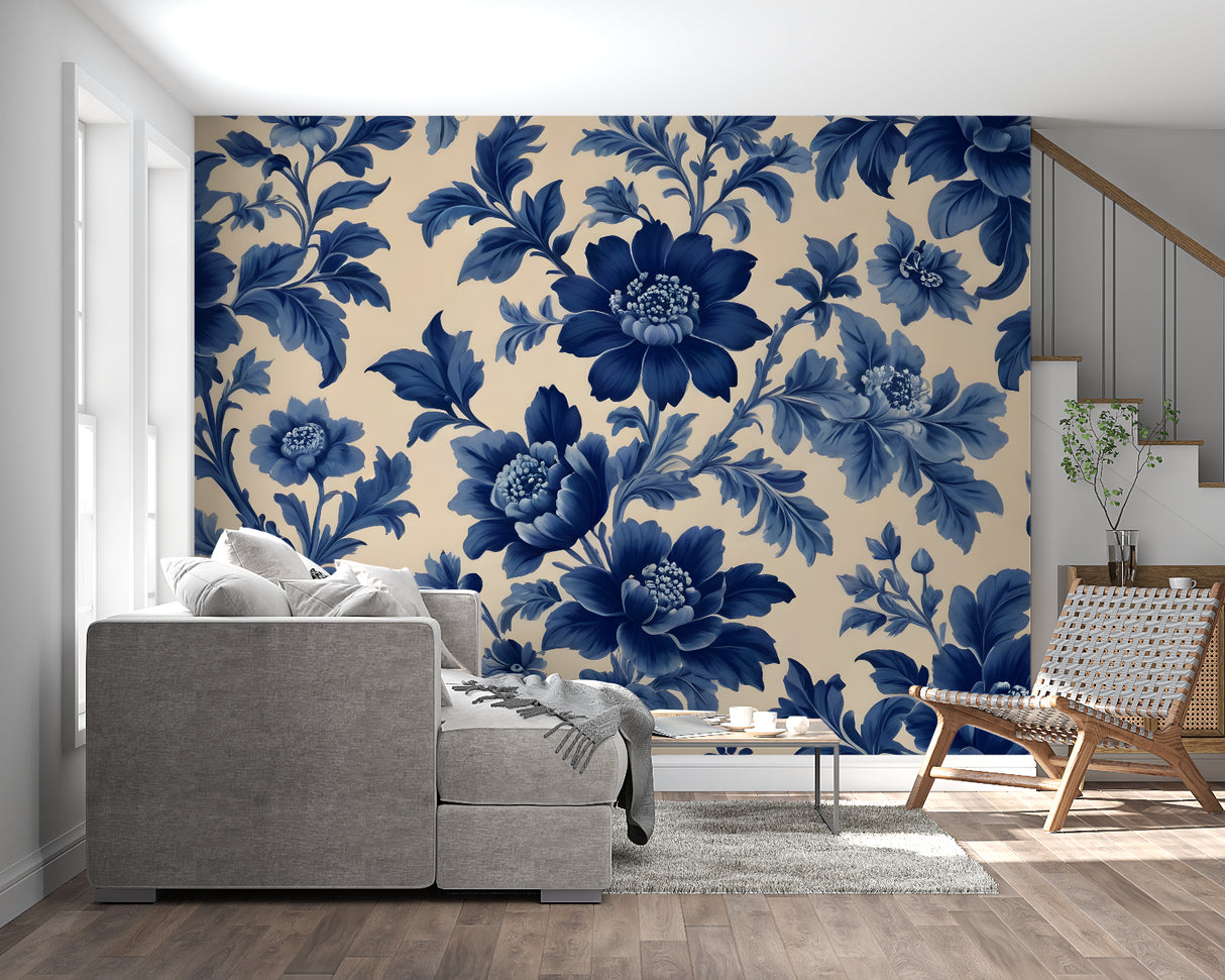 Botanical wallpaper bringing sophistication to home office with desk and bookshelf