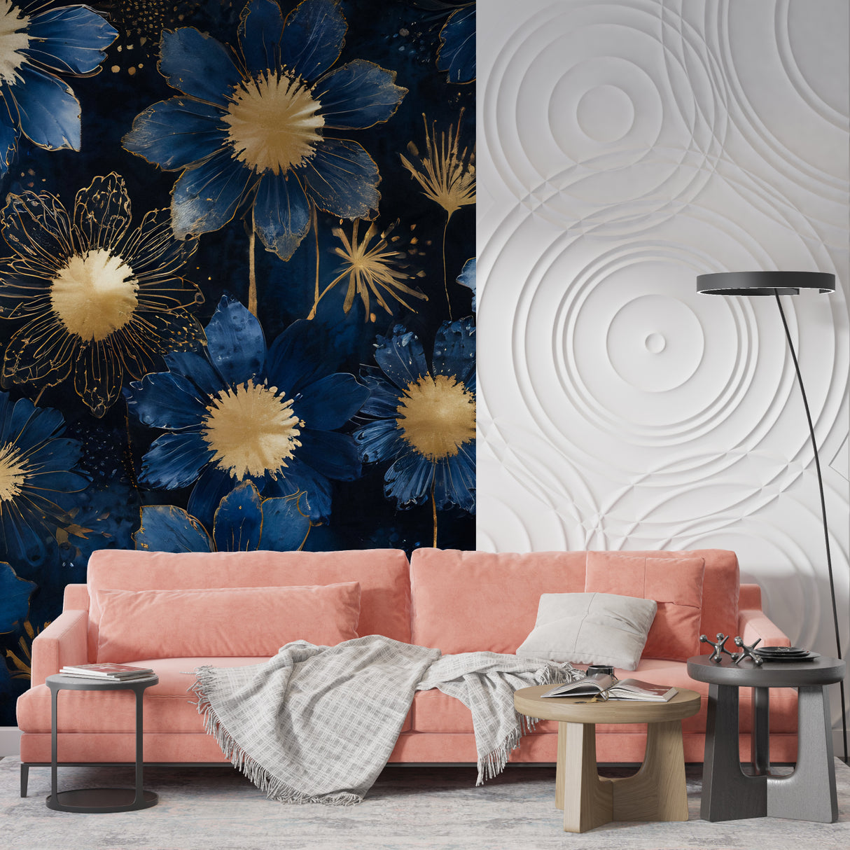 Navy blue and gold art deco floral wallpaper in modern living room with velvet sofa