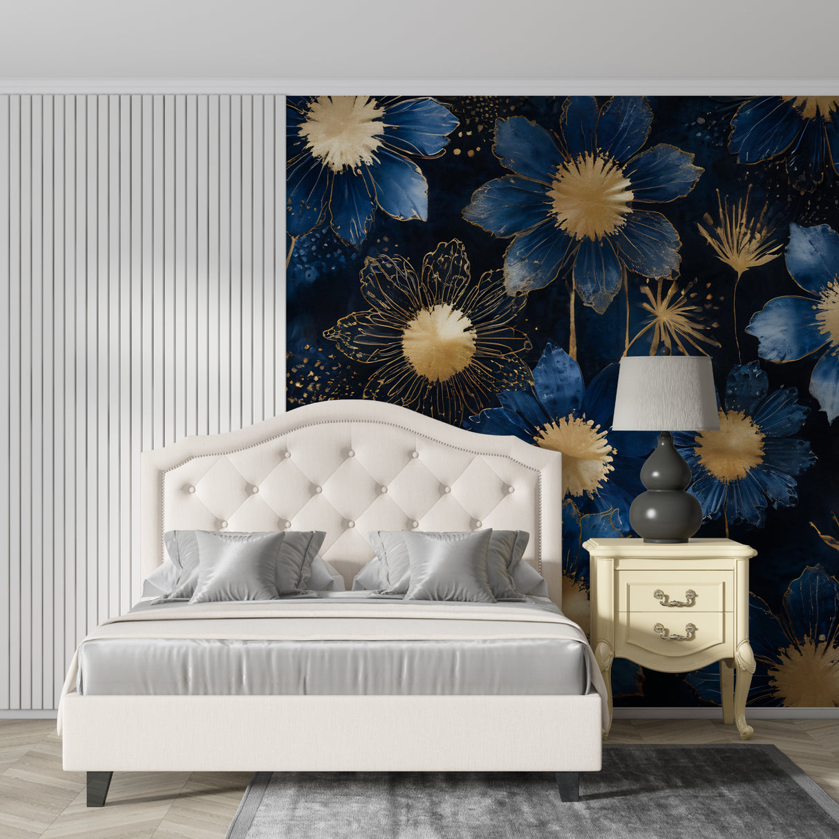 Art deco floral wallpaper creating drama in master bedroom with gold accents