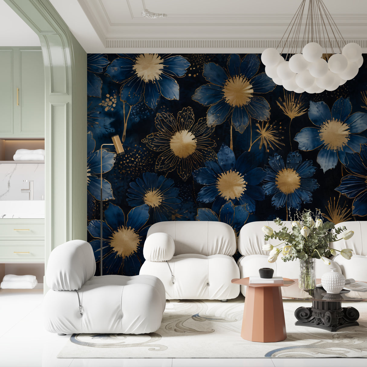 Navy and gold floral mural in dining room with crystal chandelier
