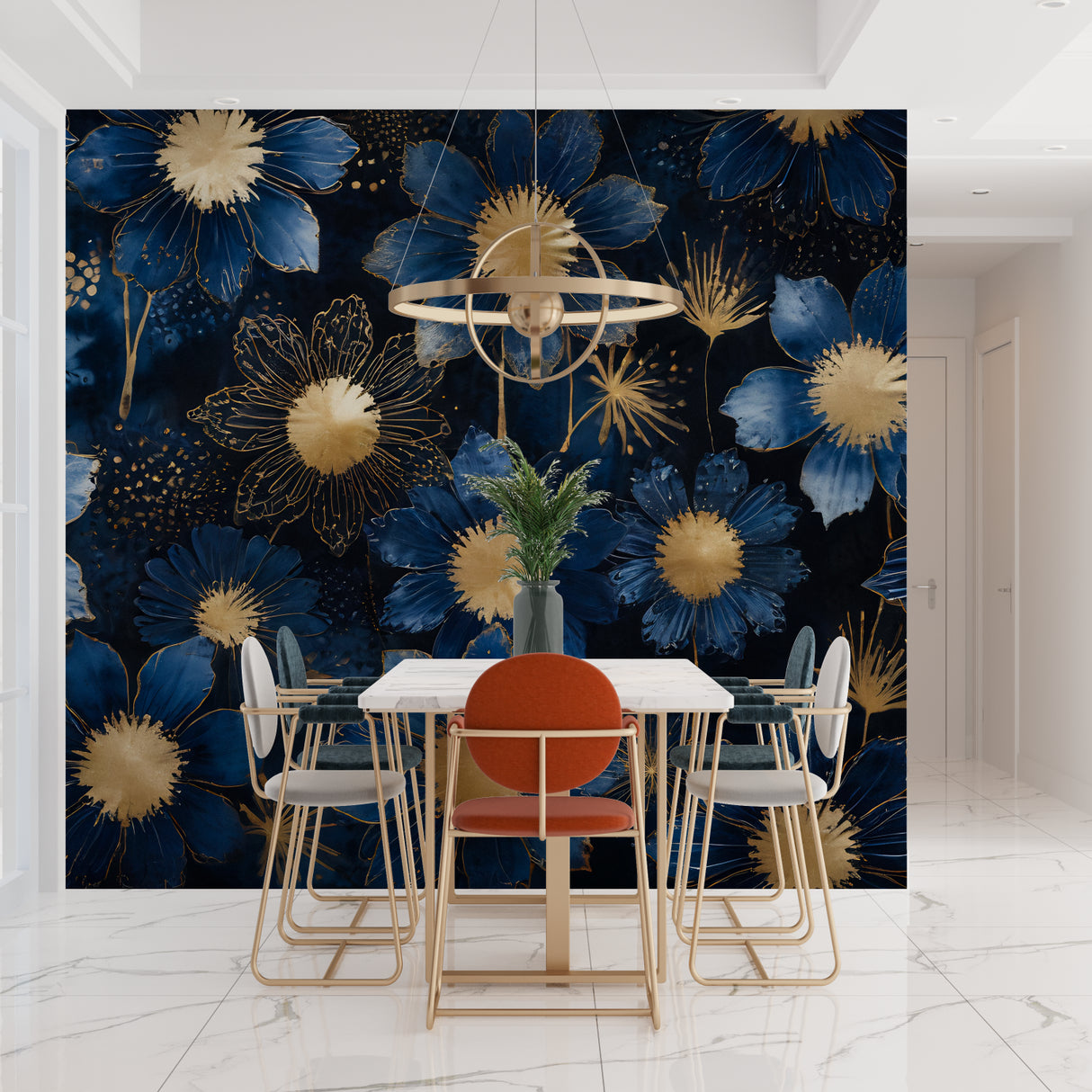 Blue art deco wallpaper transforming home office with golden details