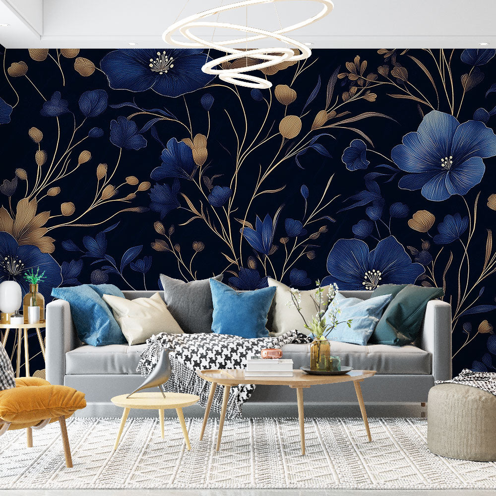 Navy blue and gold floral mural wallpaper creating a sophisticated atmosphere in a modern living room with soft lighting