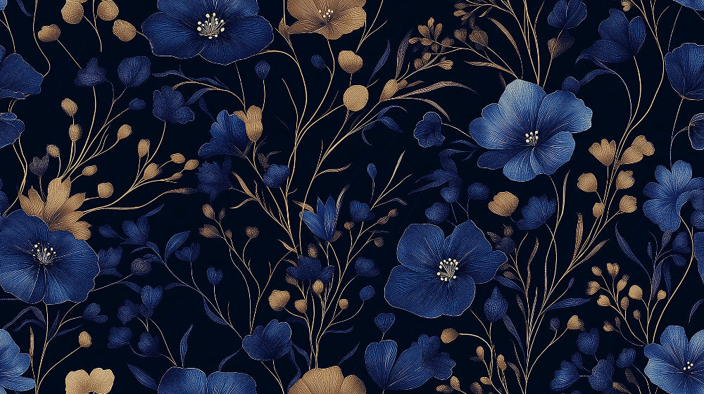 Navy and gold botanical wallpaper design file showing intricate floral pattern and metallic details