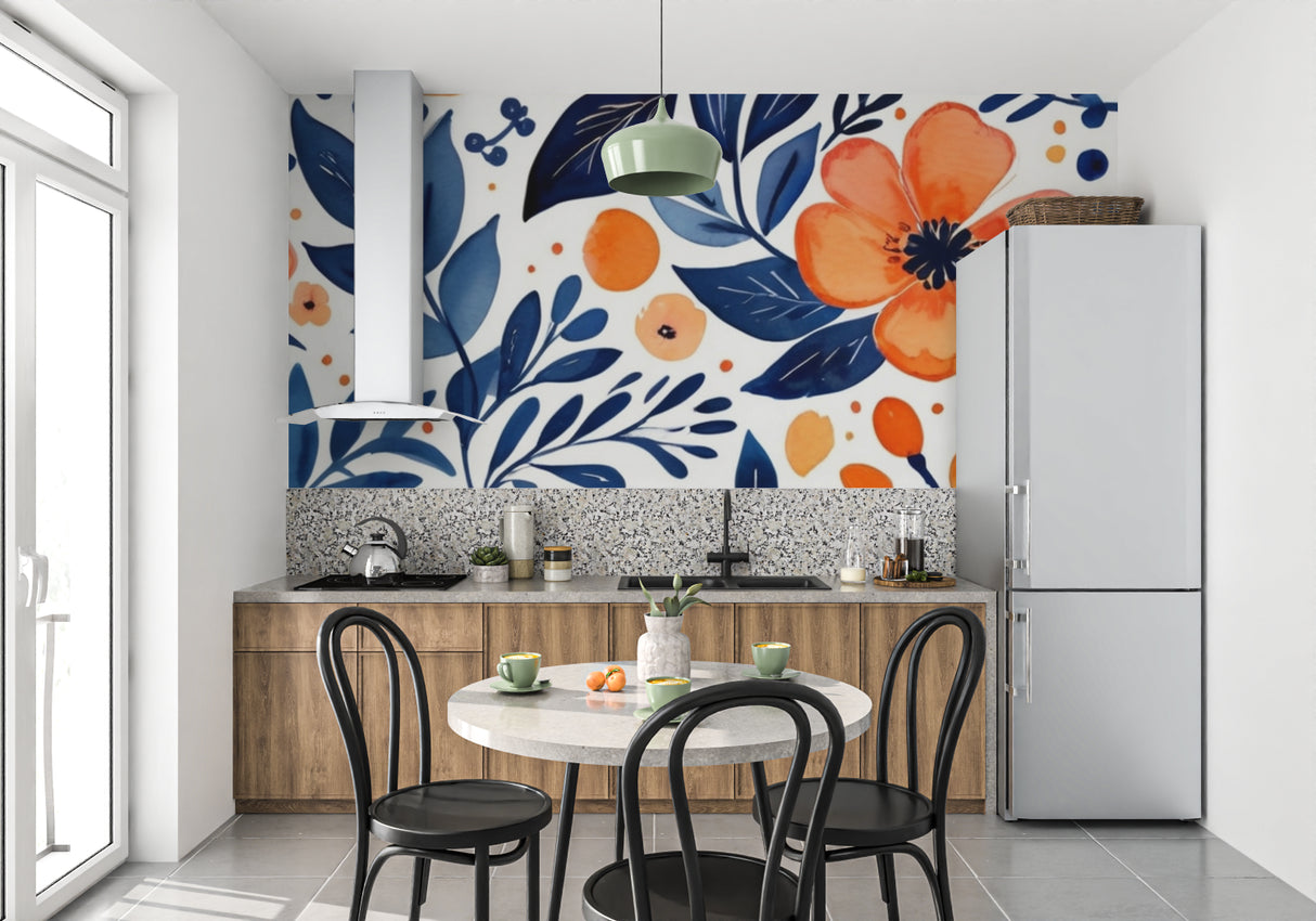 Navy blue and orange Floral Wallpaper bringing life to a modern living room with natural light