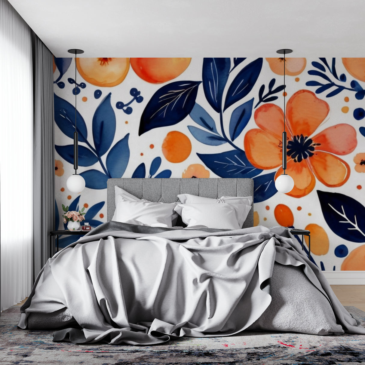 Botanical wallpaper with navy and orange flowers making a bold statement in dining room