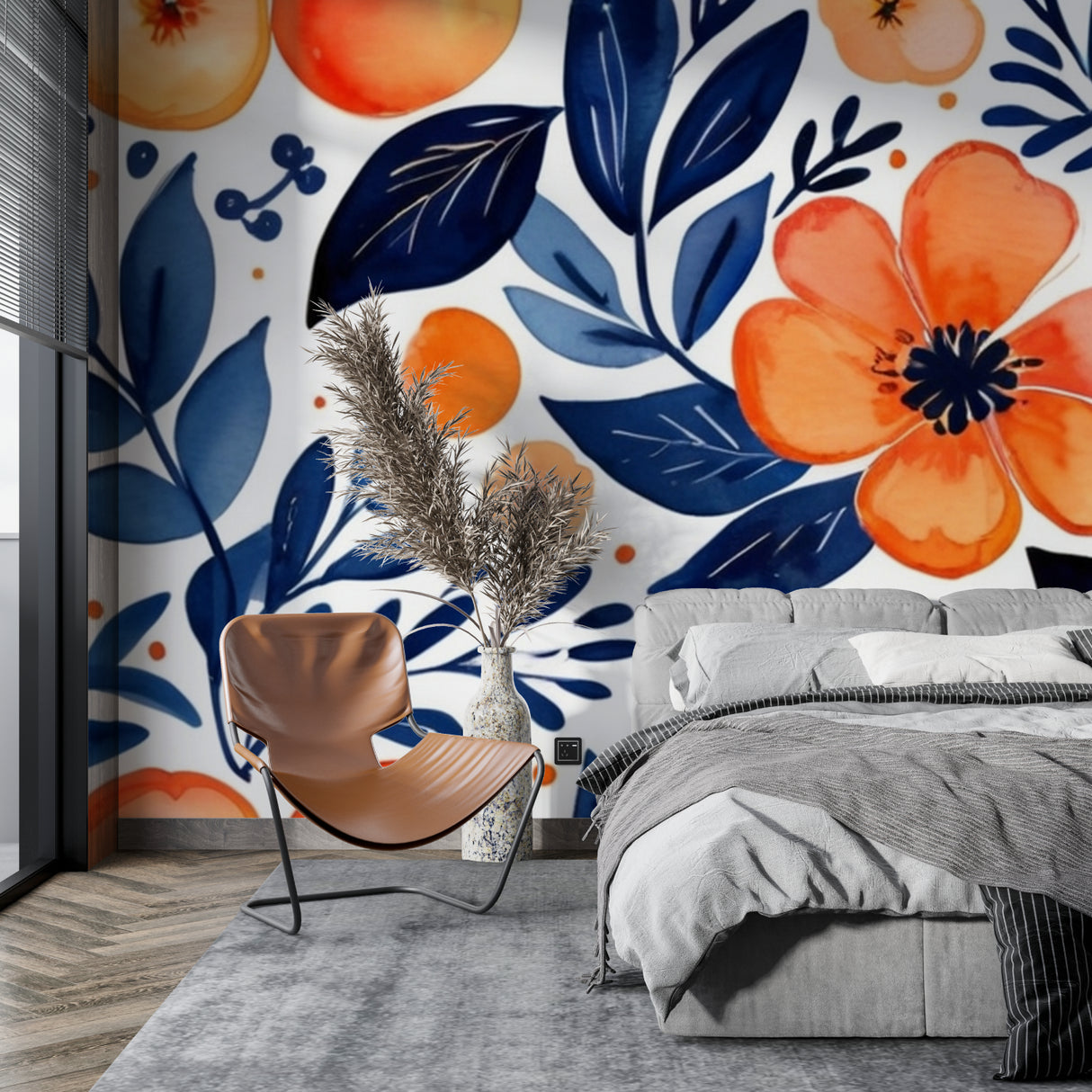 Navy and orange floral mural creating depth in home office space