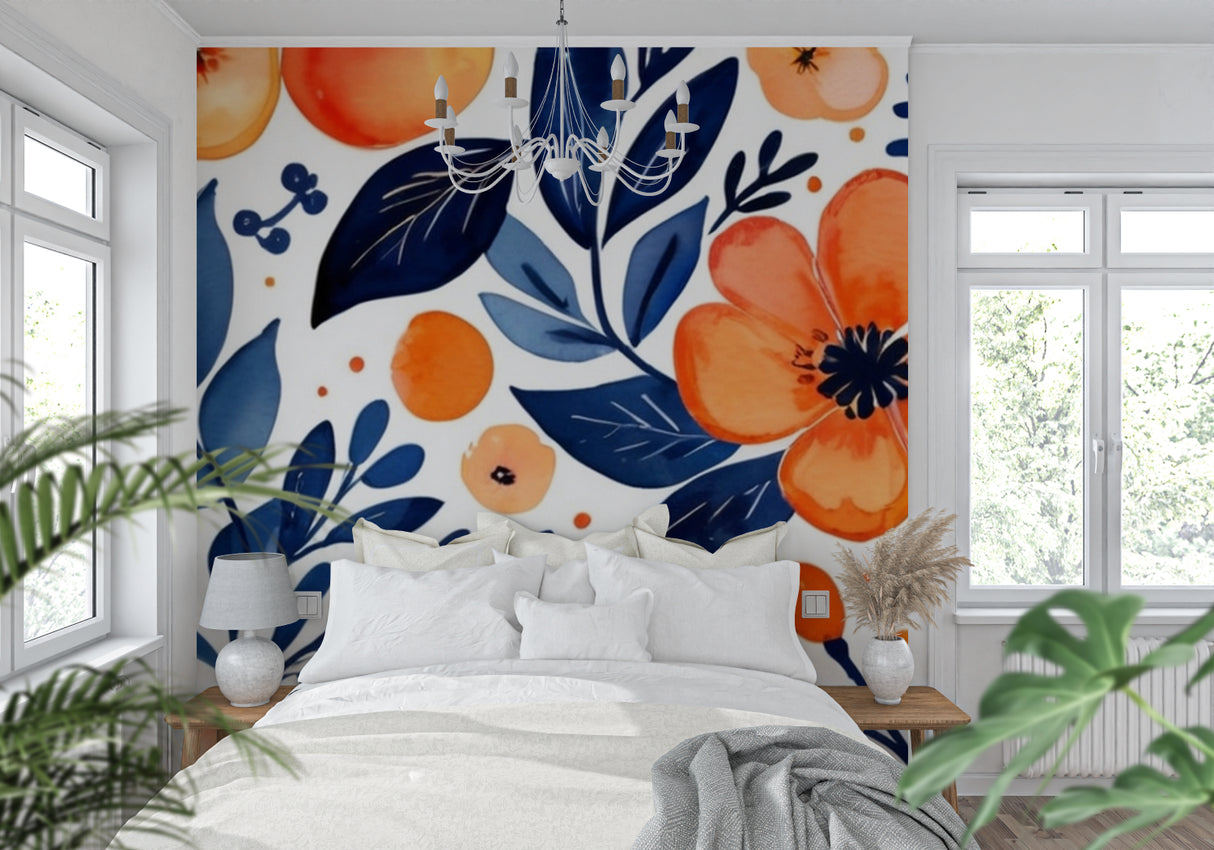 Botanical wall mural showcasing vibrant orange blooms in hallway setting