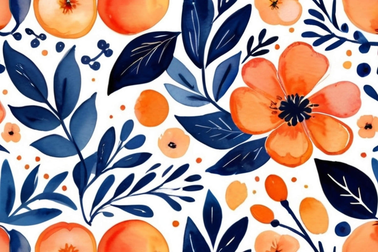 Navy blue and orange floral pattern design file showing intricate botanical details