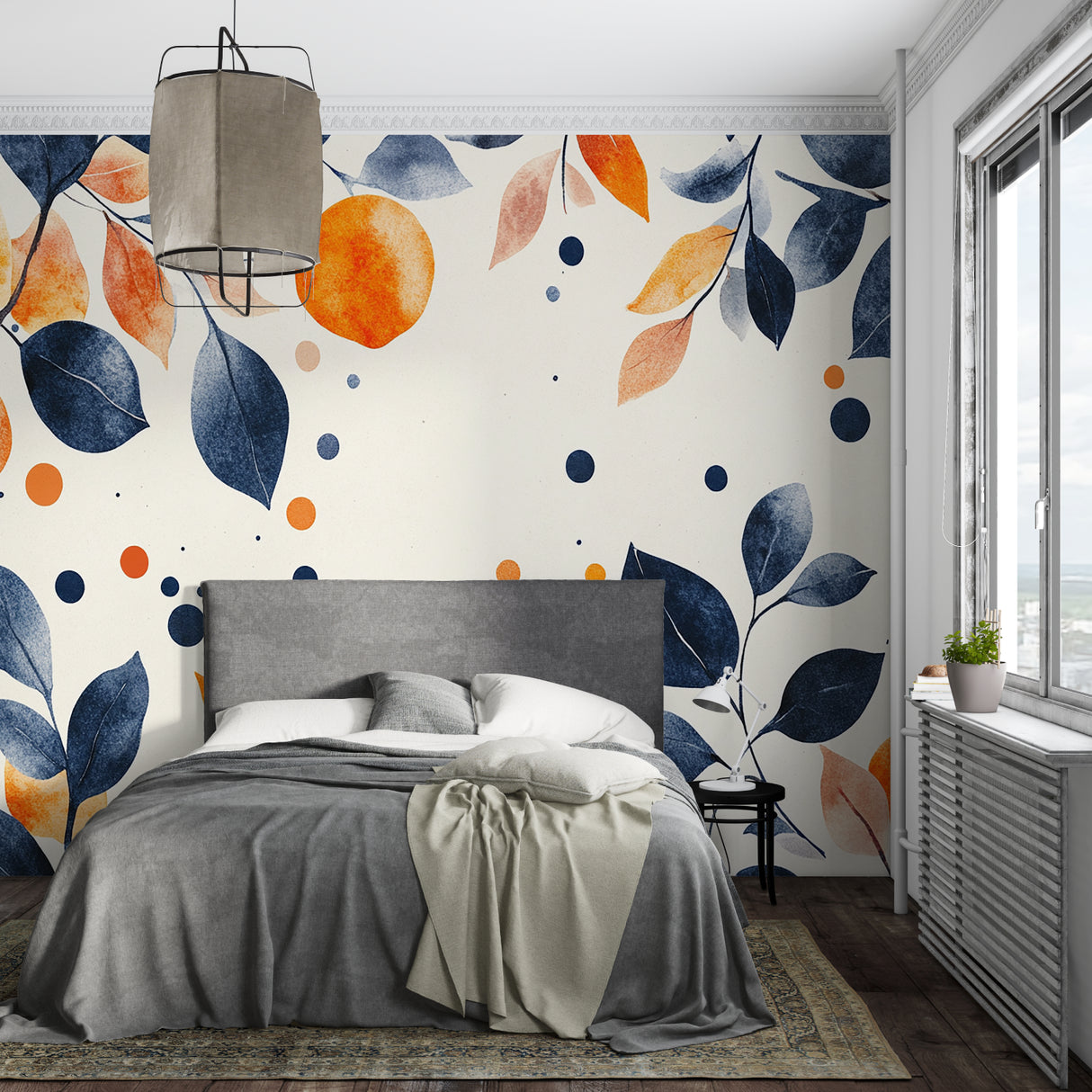 Modern bedroom featuring navy and orange botanical wallpaper behind bed