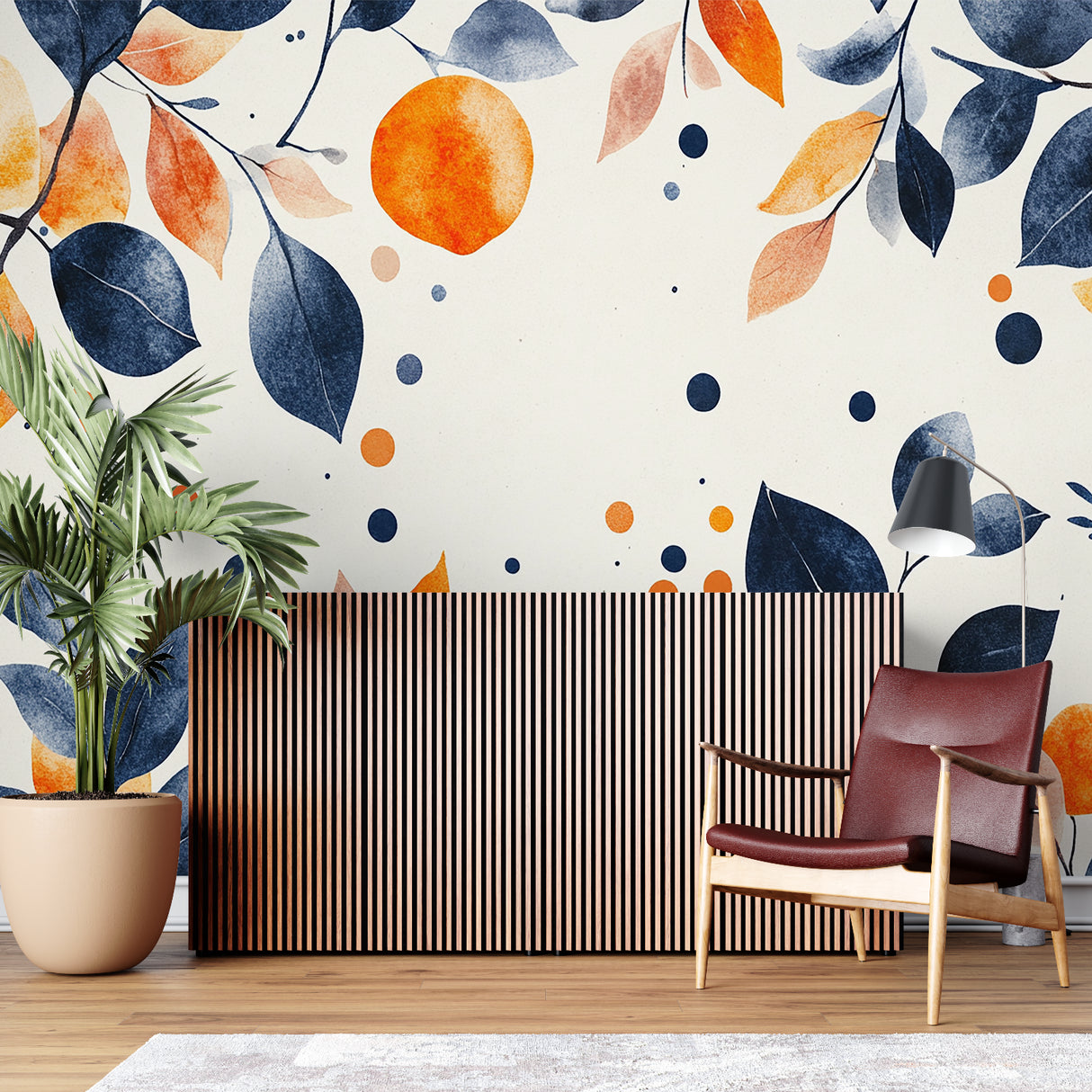 Dining room showcase of floral watercolor wallpaper with pendant lighting