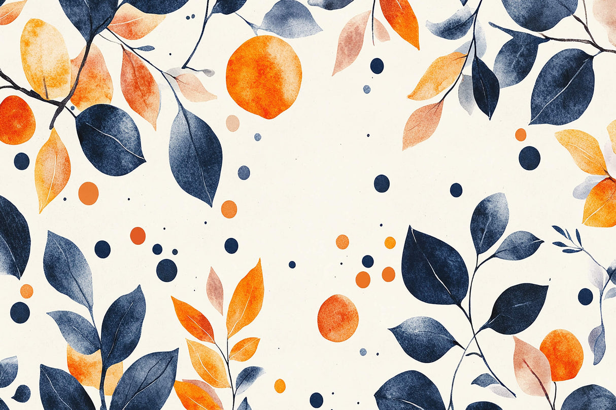 Design file of navy blue and orange watercolor floral pattern with white background