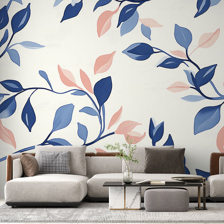 Navy blue and pink leaf wallpaper mural creating a peaceful atmosphere in a modern bedroom with natural light