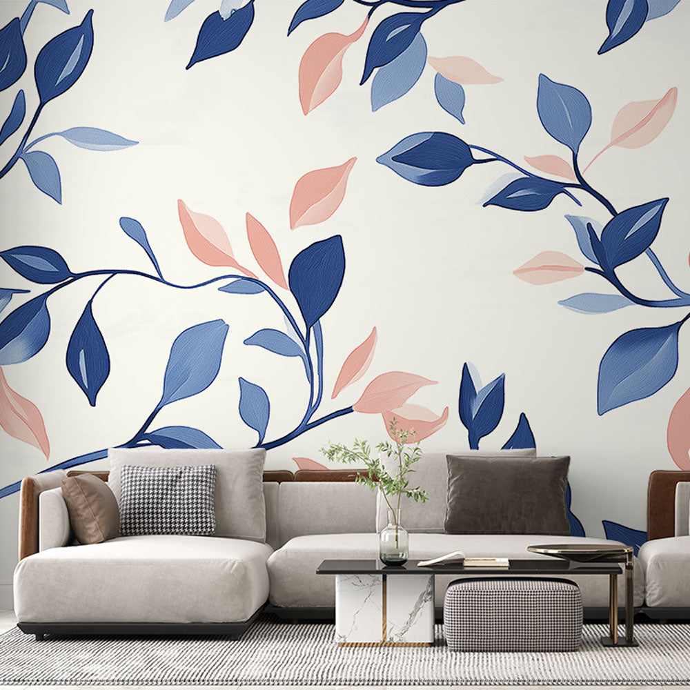 Navy blue and pink leaf wallpaper mural creating a peaceful atmosphere in a modern bedroom with natural light