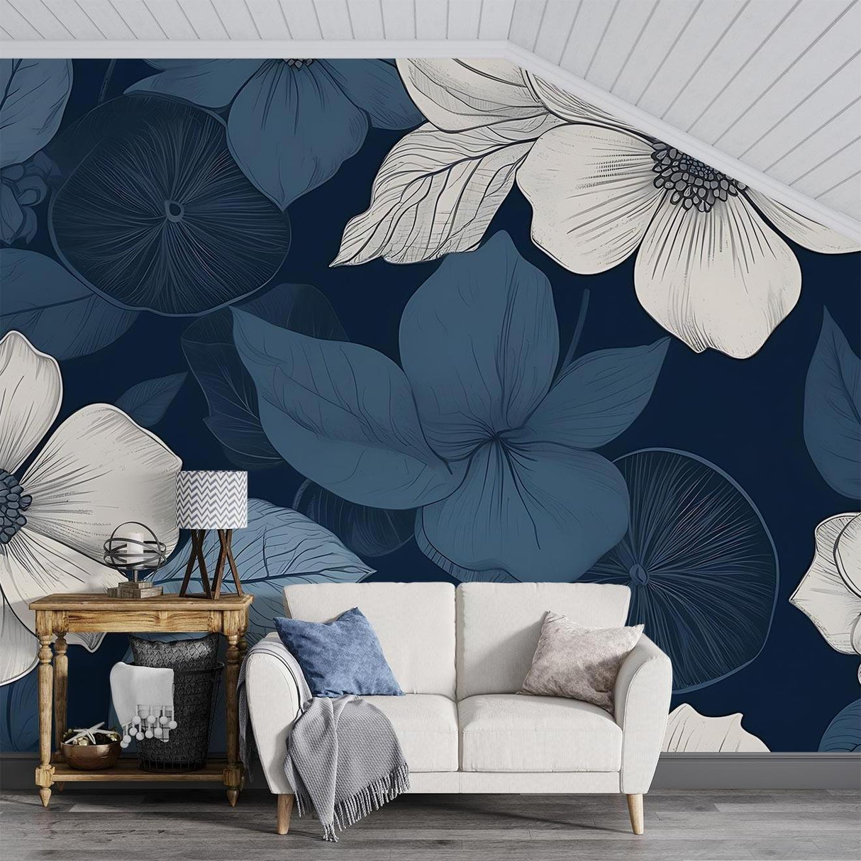 Navy blue floral wallpaper creating a stunning backdrop in a modern living room with white furniture