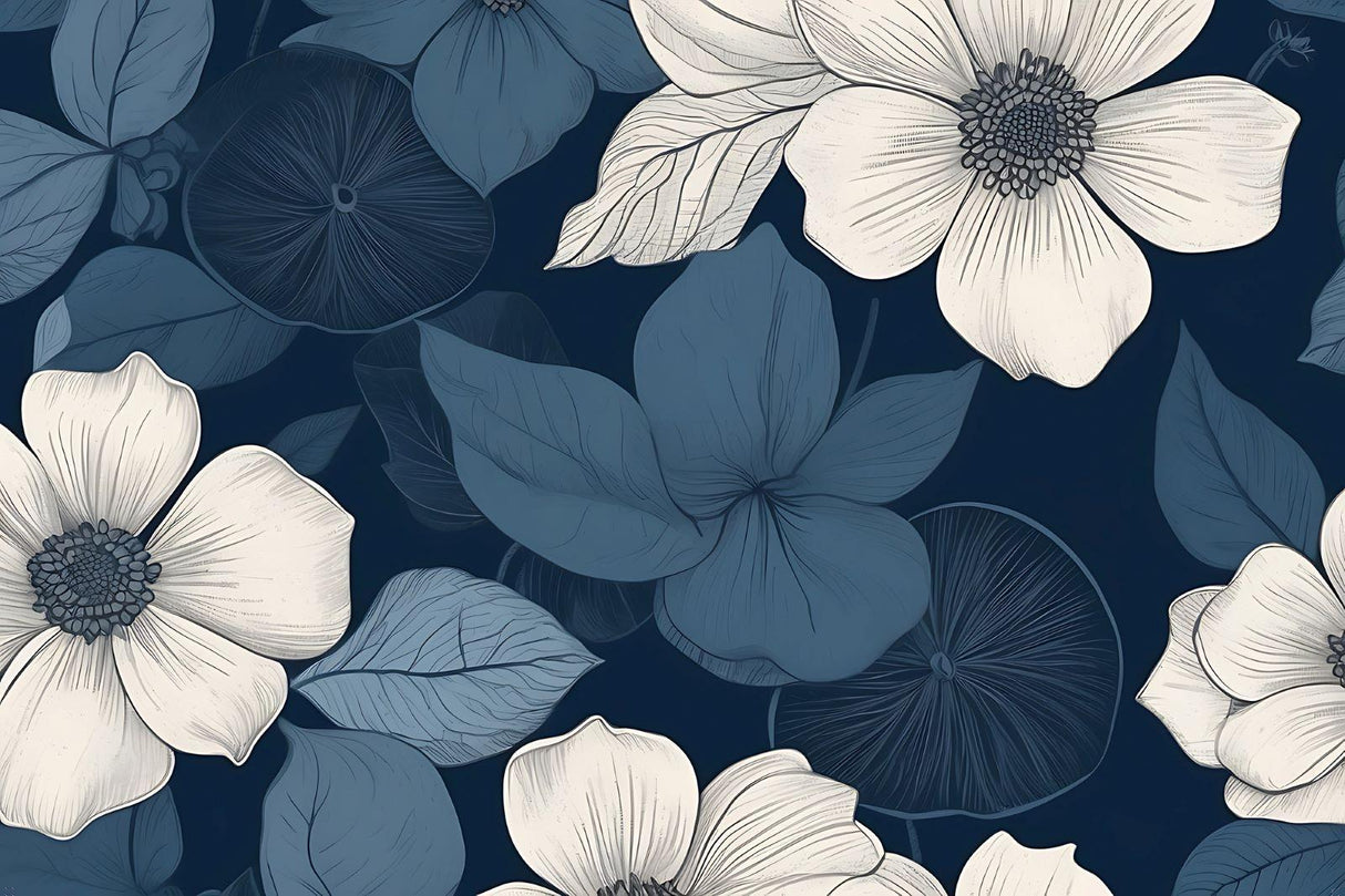 Navy blue and white botanical wallpaper design file showing intricate floral pattern details