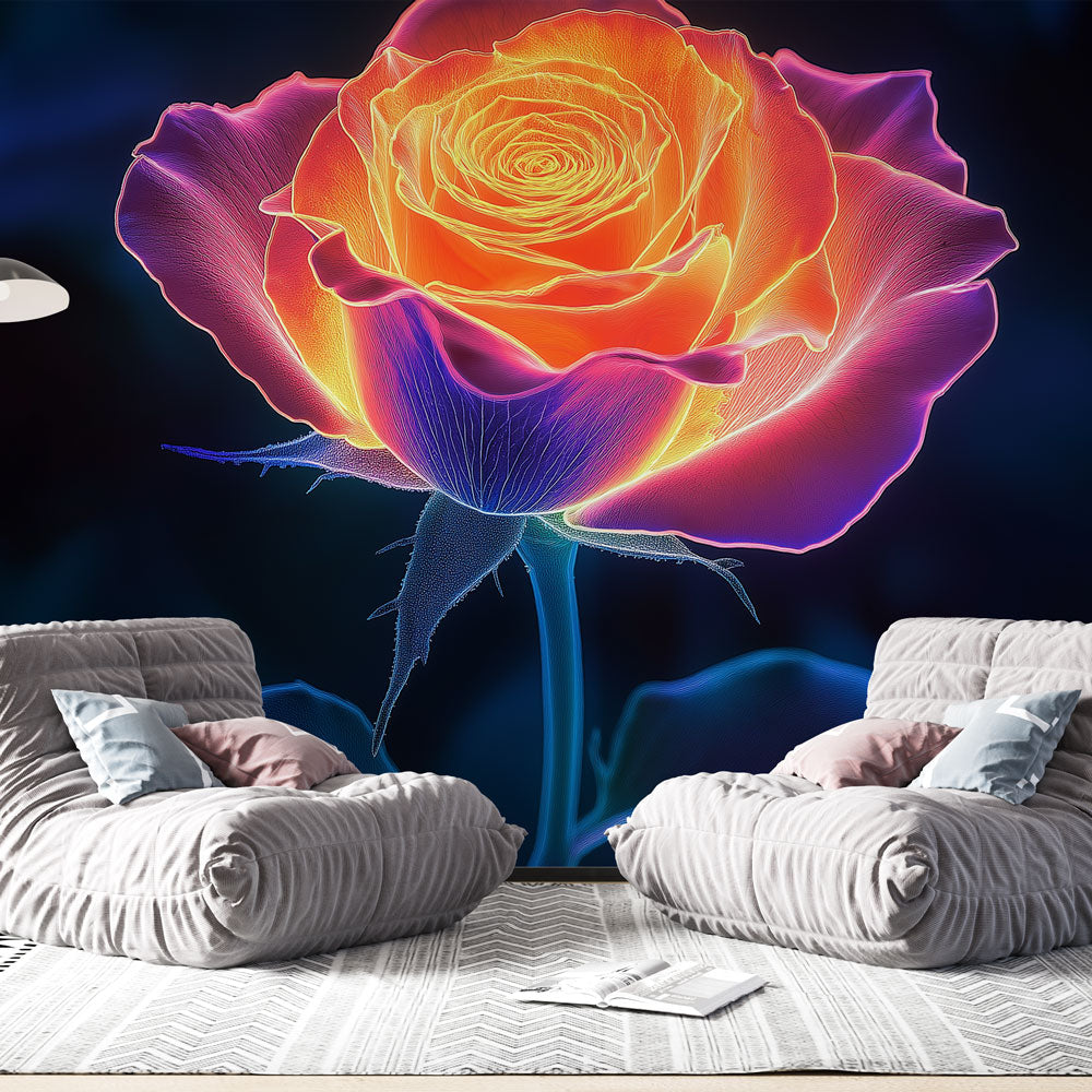 Neon rose floral wallpaper creating a dramatic glow effect in a modern living room with dark furniture