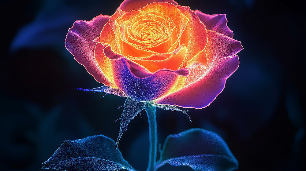 Neon rose abstract wallpaper design file showing vibrant orange and purple petals on midnight blue