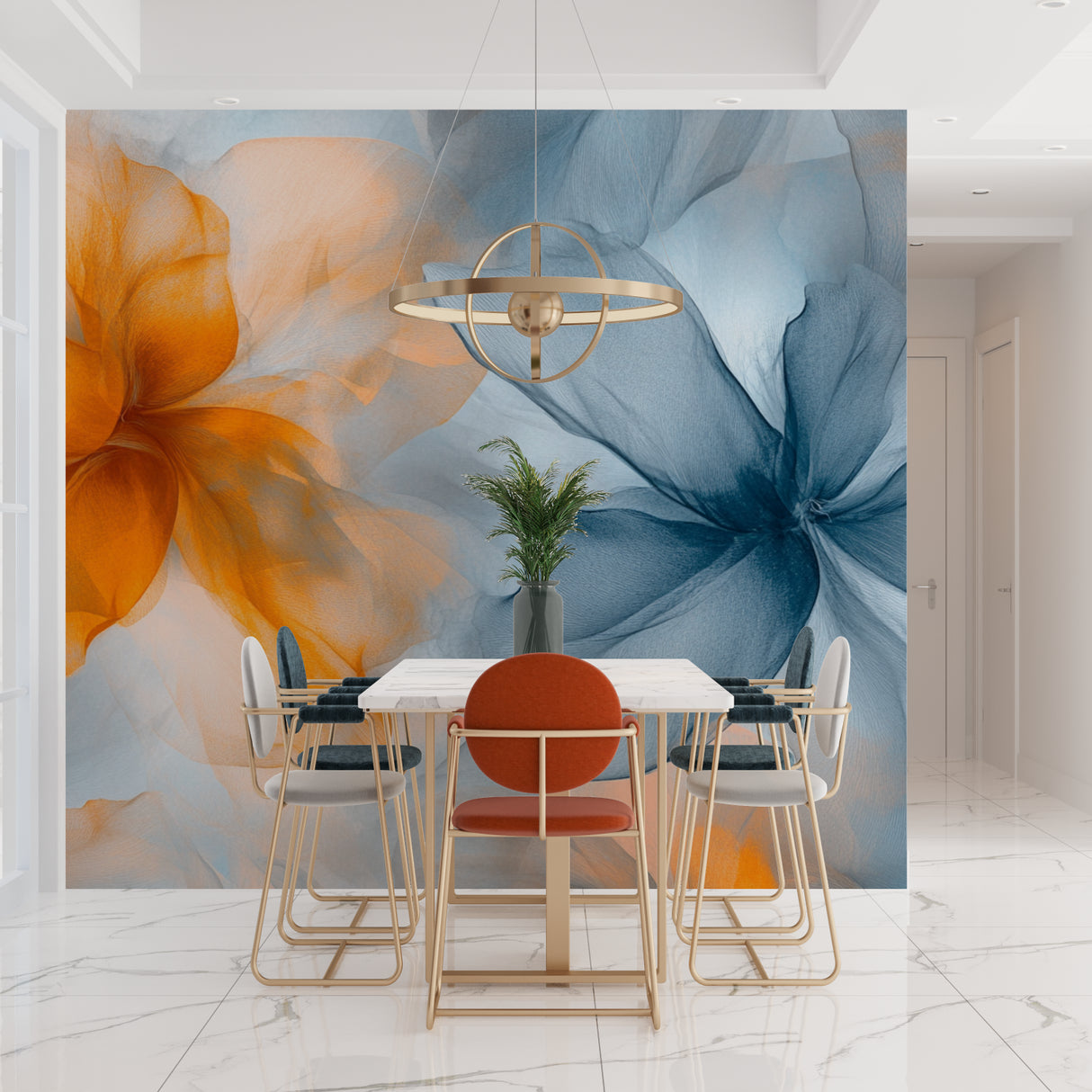 Watercolor floral wallpaper in modern living room showing orange and blue blooms creating an artistic accent wall